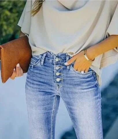 Valenzora | Gewaschene Jeans, geknöpfte Damenjeans, High-Waist-Jeans