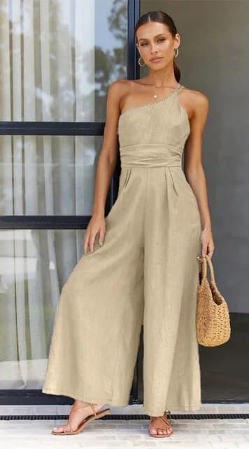 Valenzora | Jumpsuit One Shoulder Asymmetrical Flowy Fit Elegant Wide Legs