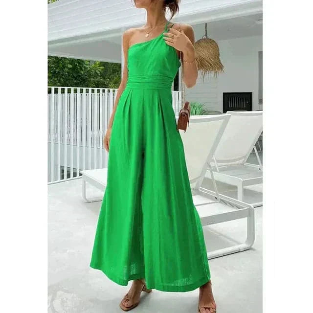 Valenzora | Jumpsuit One Shoulder Asymmetrical Flowy Fit Elegant Wide Legs