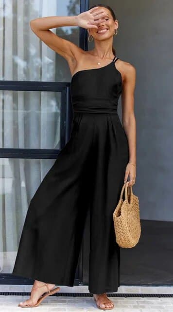 Valenzora | Jumpsuit One Shoulder Asymmetrical Flowy Fit Elegant Wide Legs