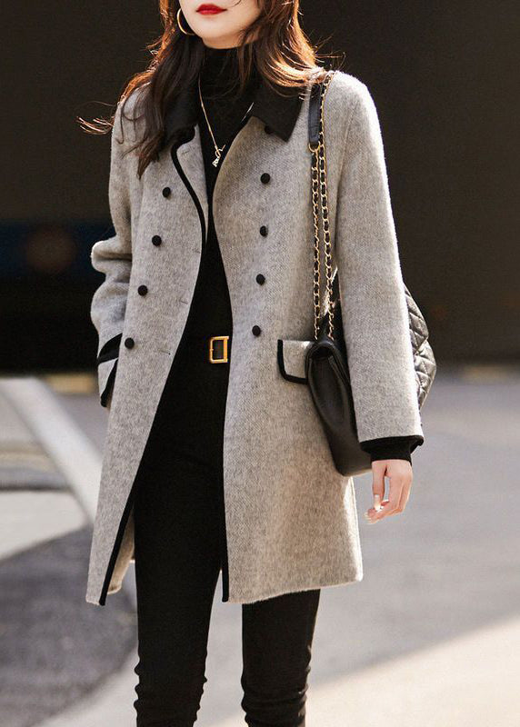 Monique™ - French Grey Double Chest Patchwork Wool Trench Autumn