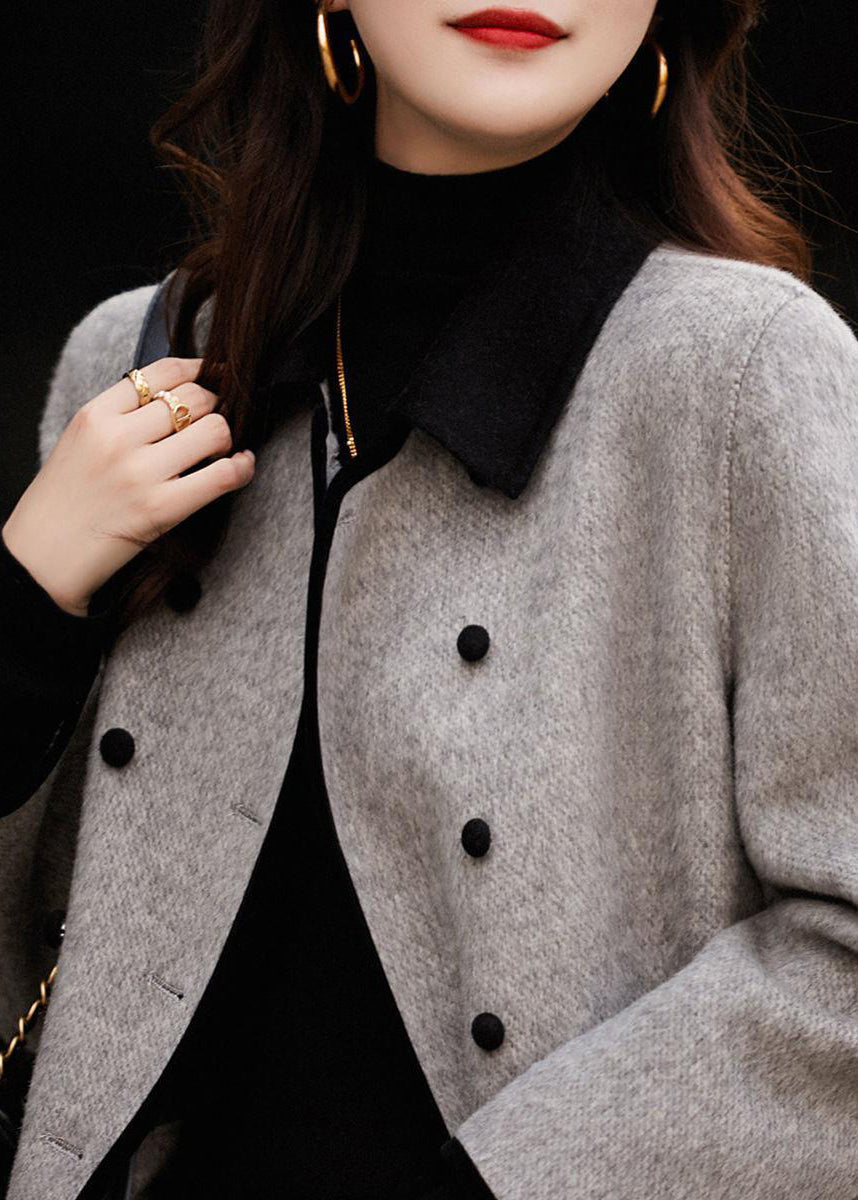 Monique™ - French Grey Double Chest Patchwork Wool Trench Autumn