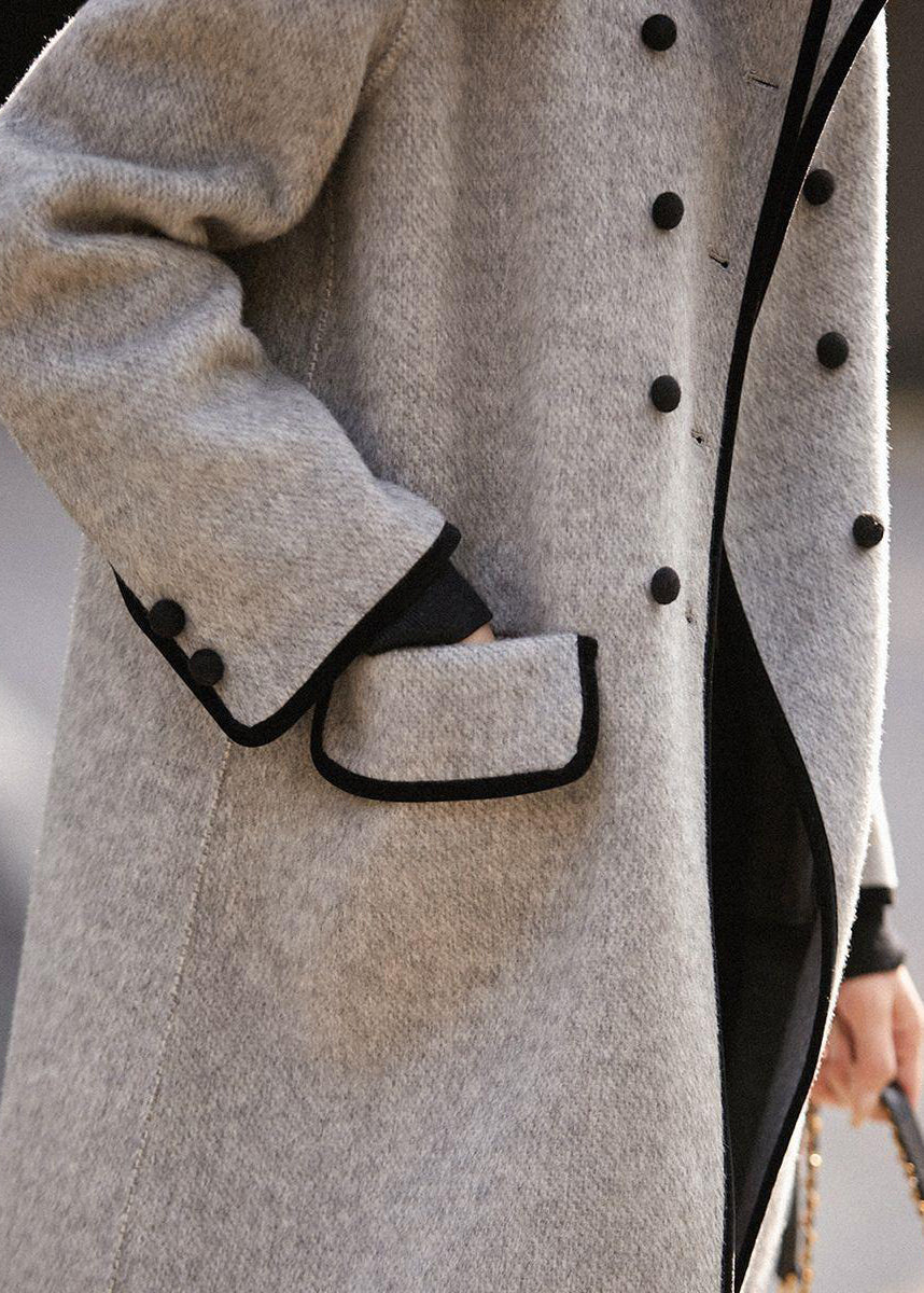 Monique™ - French Grey Double Chest Patchwork Wool Trench Autumn