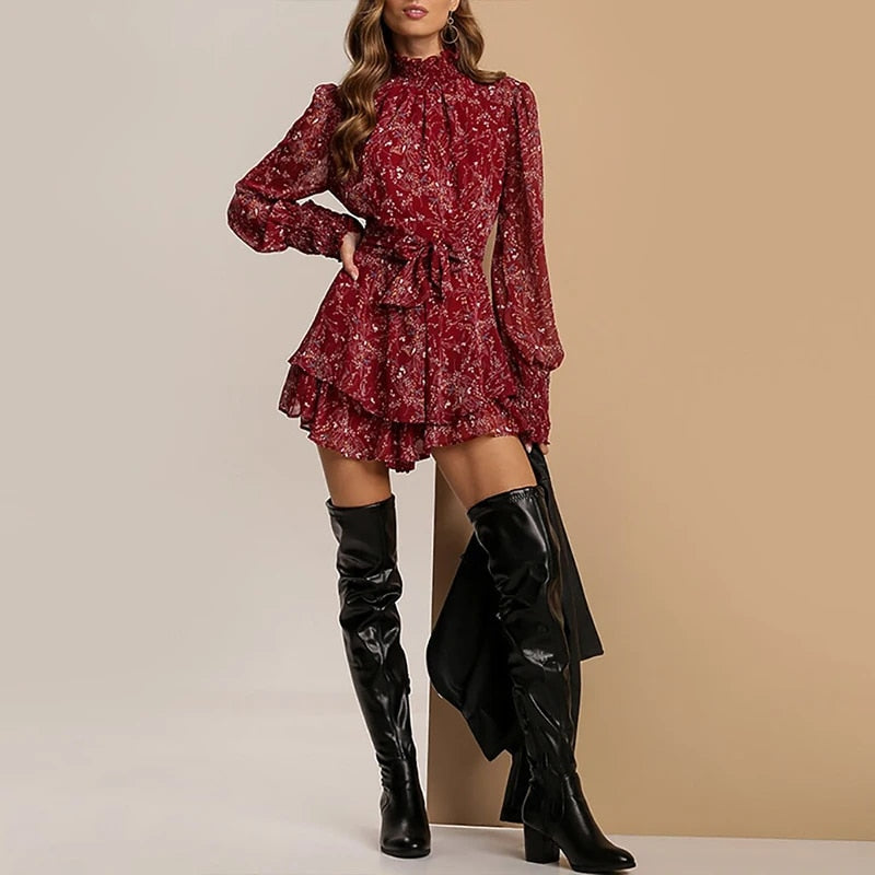 Valenzora | Mini dress with gathered roll neck and pleated floral pattern for women