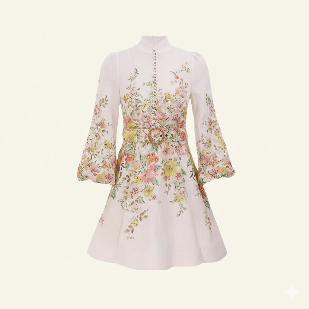 Valenzora | Cotton & Linen Puff Sleeve Floral Belt Dress