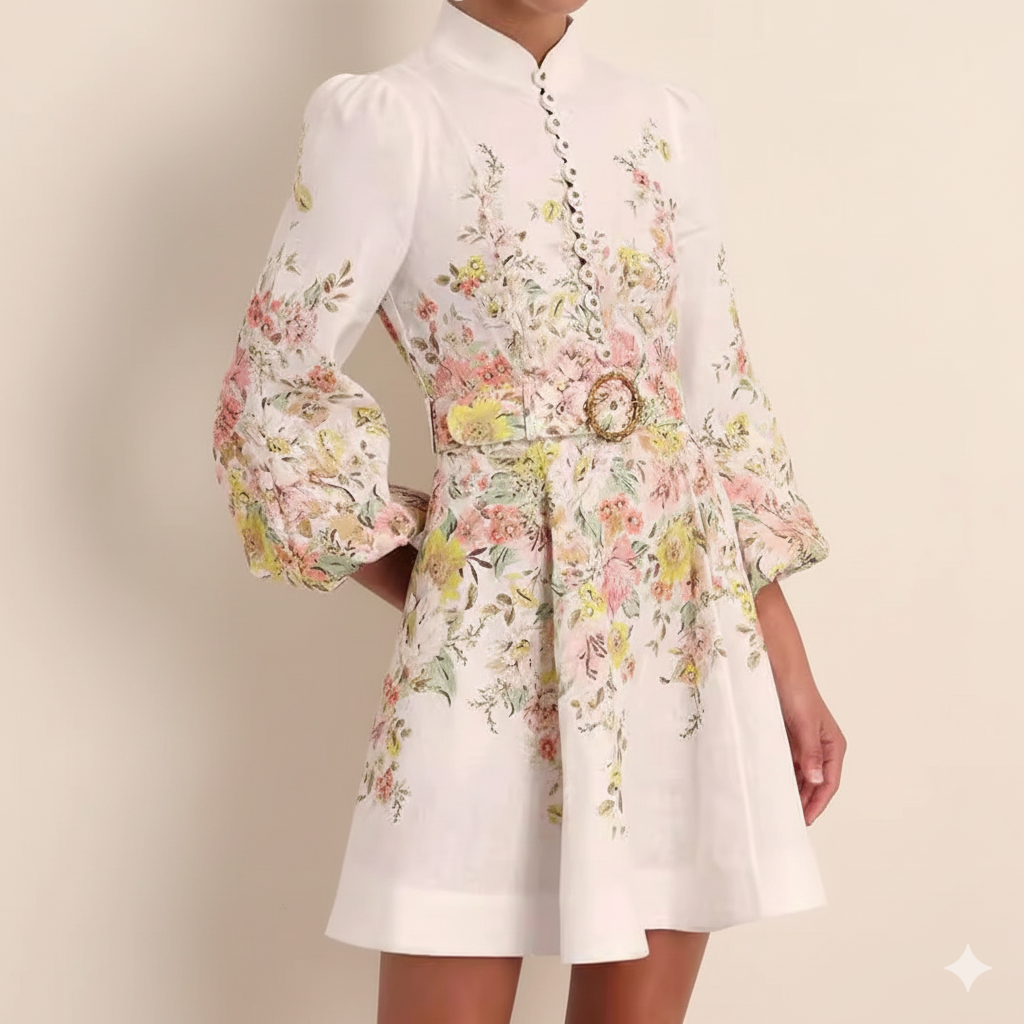 Valenzora | Cotton & Linen Puff Sleeve Floral Belt Dress