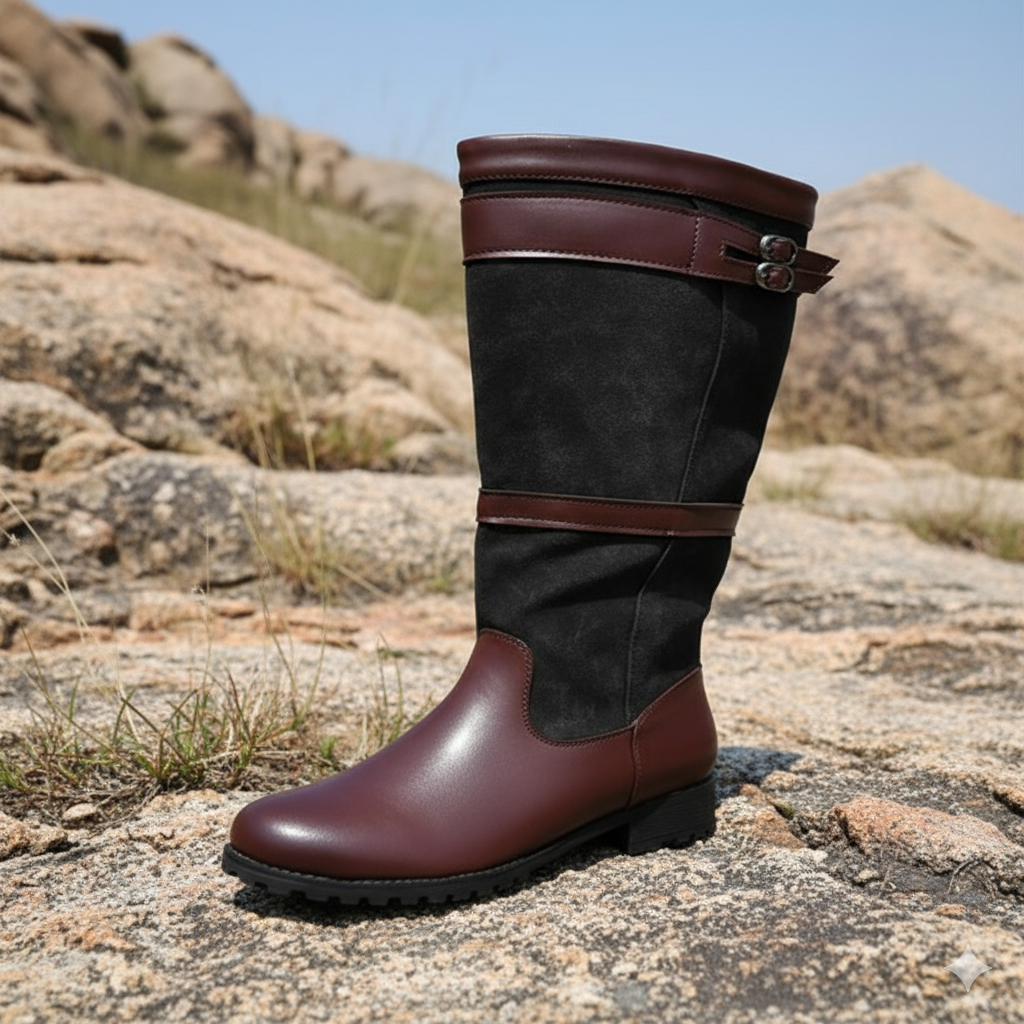 Valenzora | High-shaft outdoor boots with buckles - leather rain boots for women