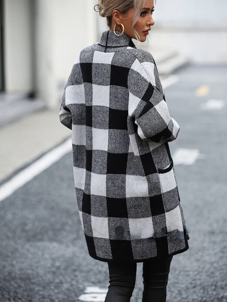 Long cardigan | Warm plaid cardigan for women