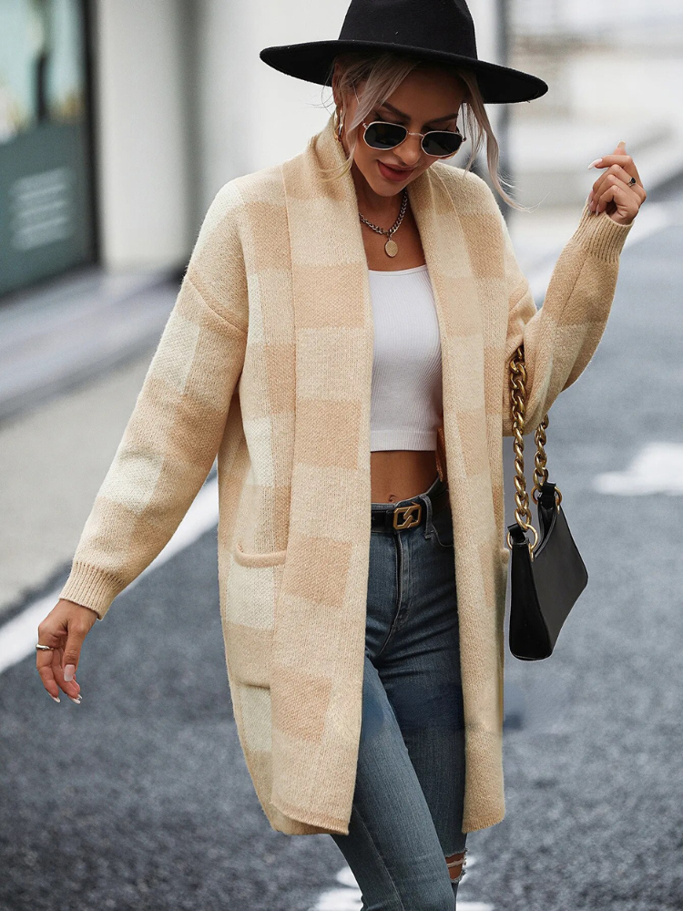 Long cardigan | Warm plaid cardigan for women