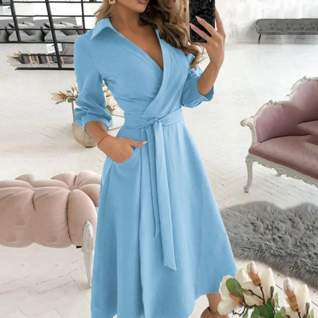 Valenzora | Lined lapel belt comfortable shirt dress
