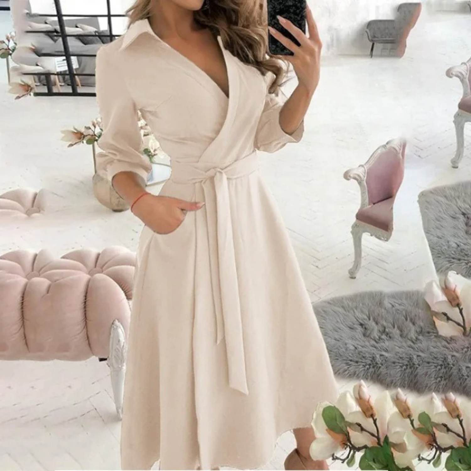 Valenzora | Lined lapel belt comfortable shirt dress