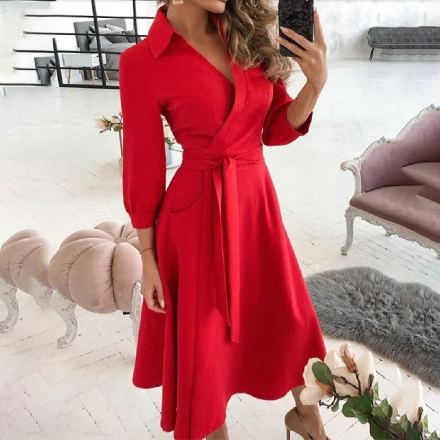 Valenzora | Lined lapel belt comfortable shirt dress