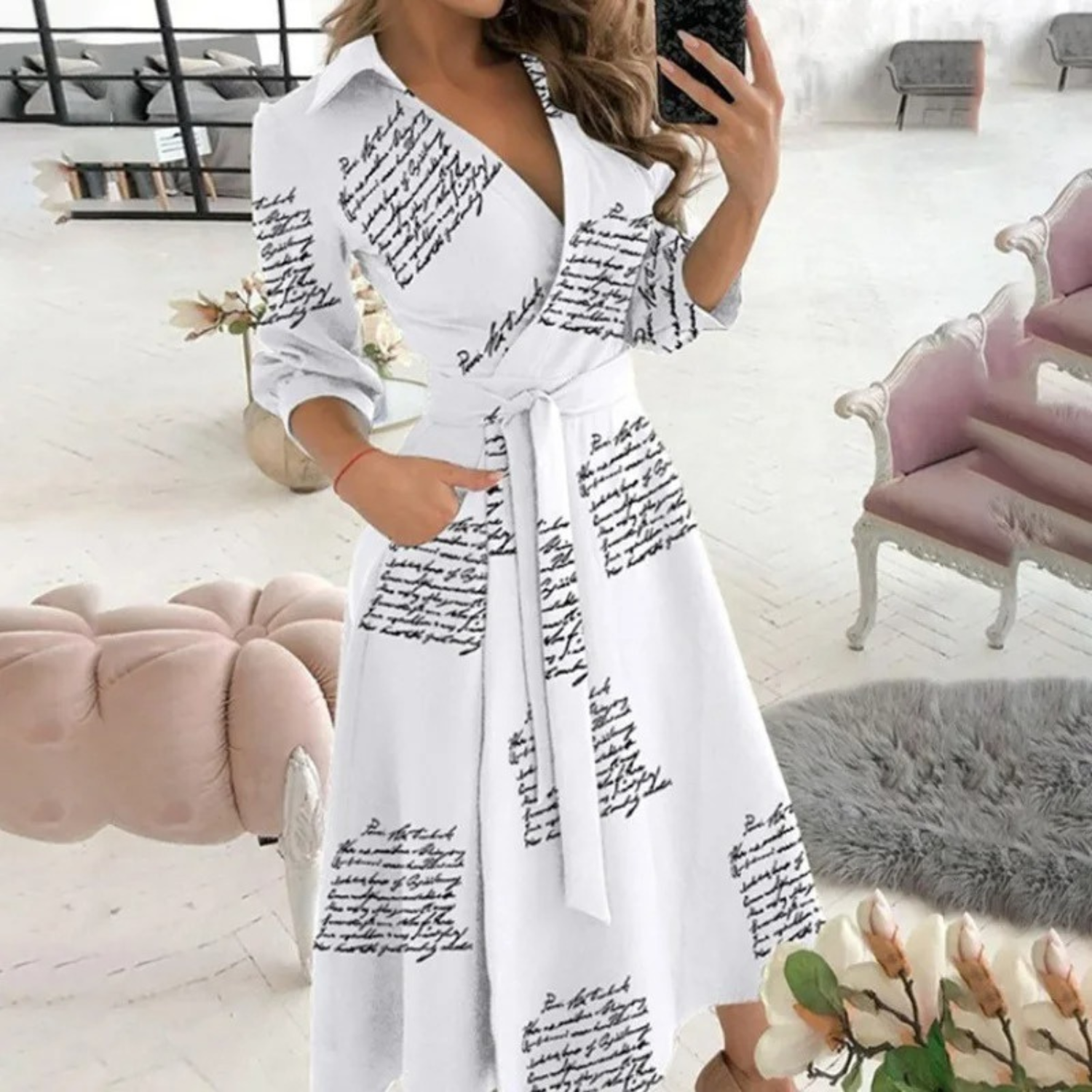 Valenzora | Lined lapel belt comfortable shirt dress
