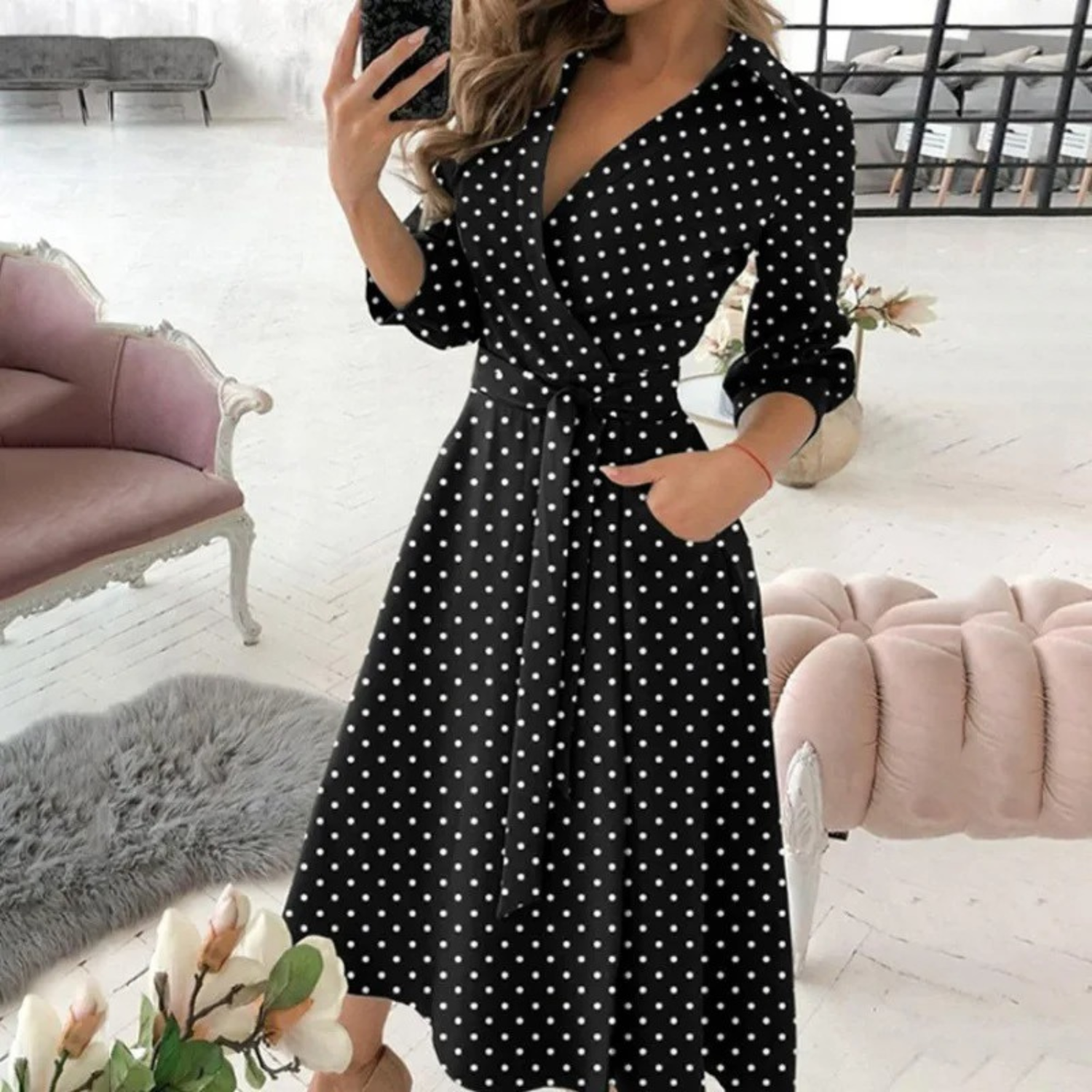 Valenzora | Lined lapel belt comfortable shirt dress