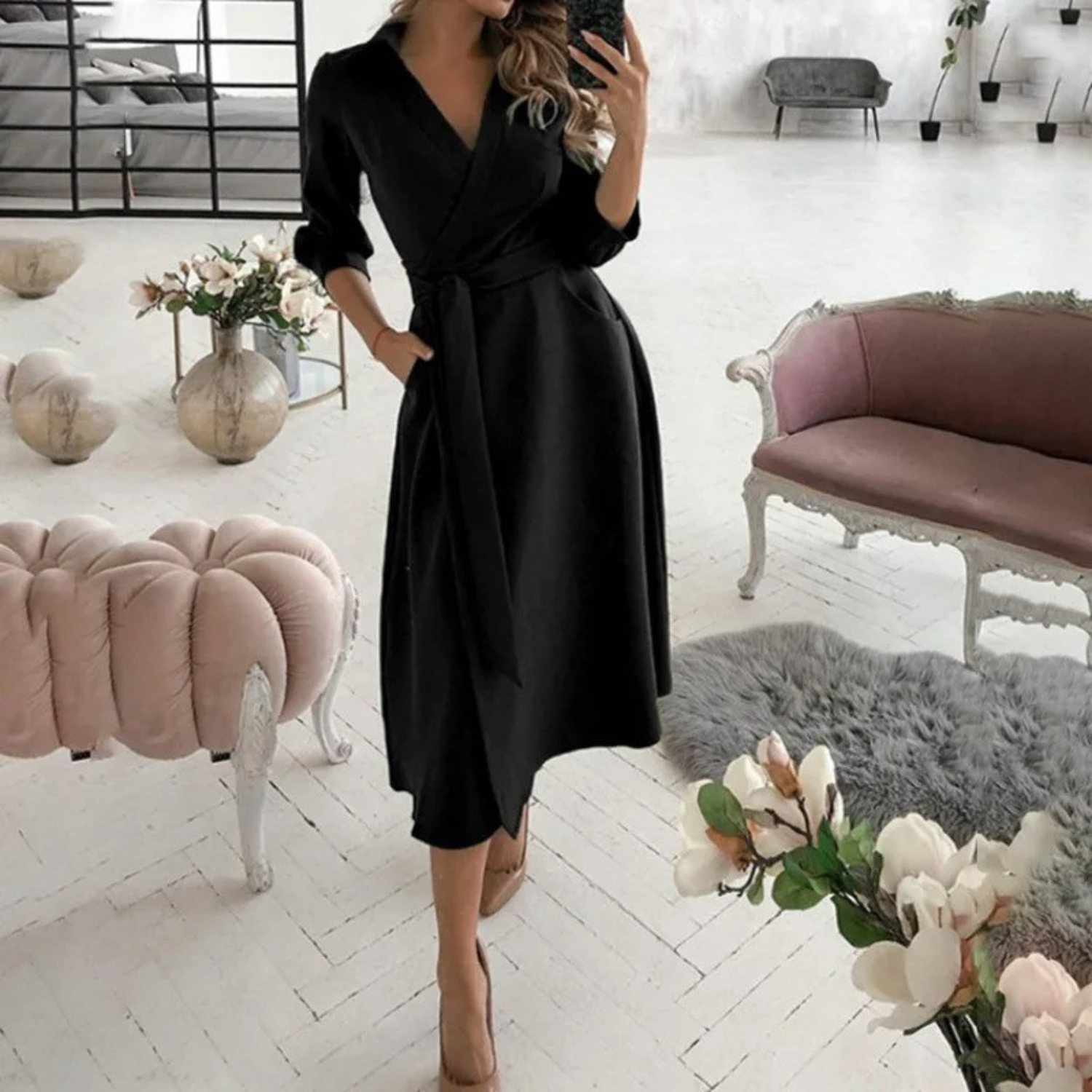 Valenzora | Lined lapel belt comfortable shirt dress