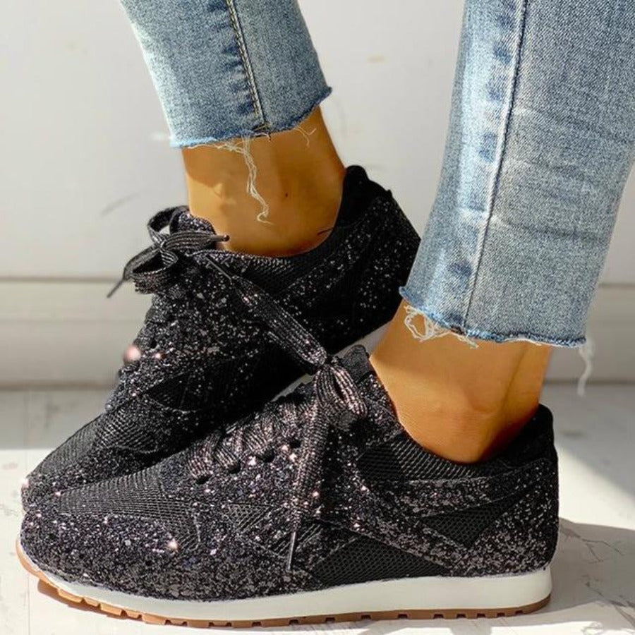 Valenzora | Glitzer-Mesh Schnür-Plateau-Sneaker mit Komfort-Vulkanisierung
