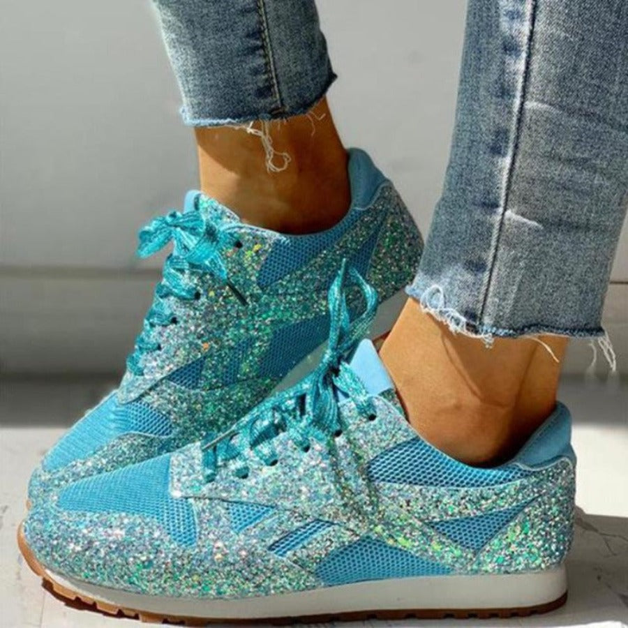 Valenzora | Glitzer-Mesh Schnür-Plateau-Sneaker mit Komfort-Vulkanisierung
