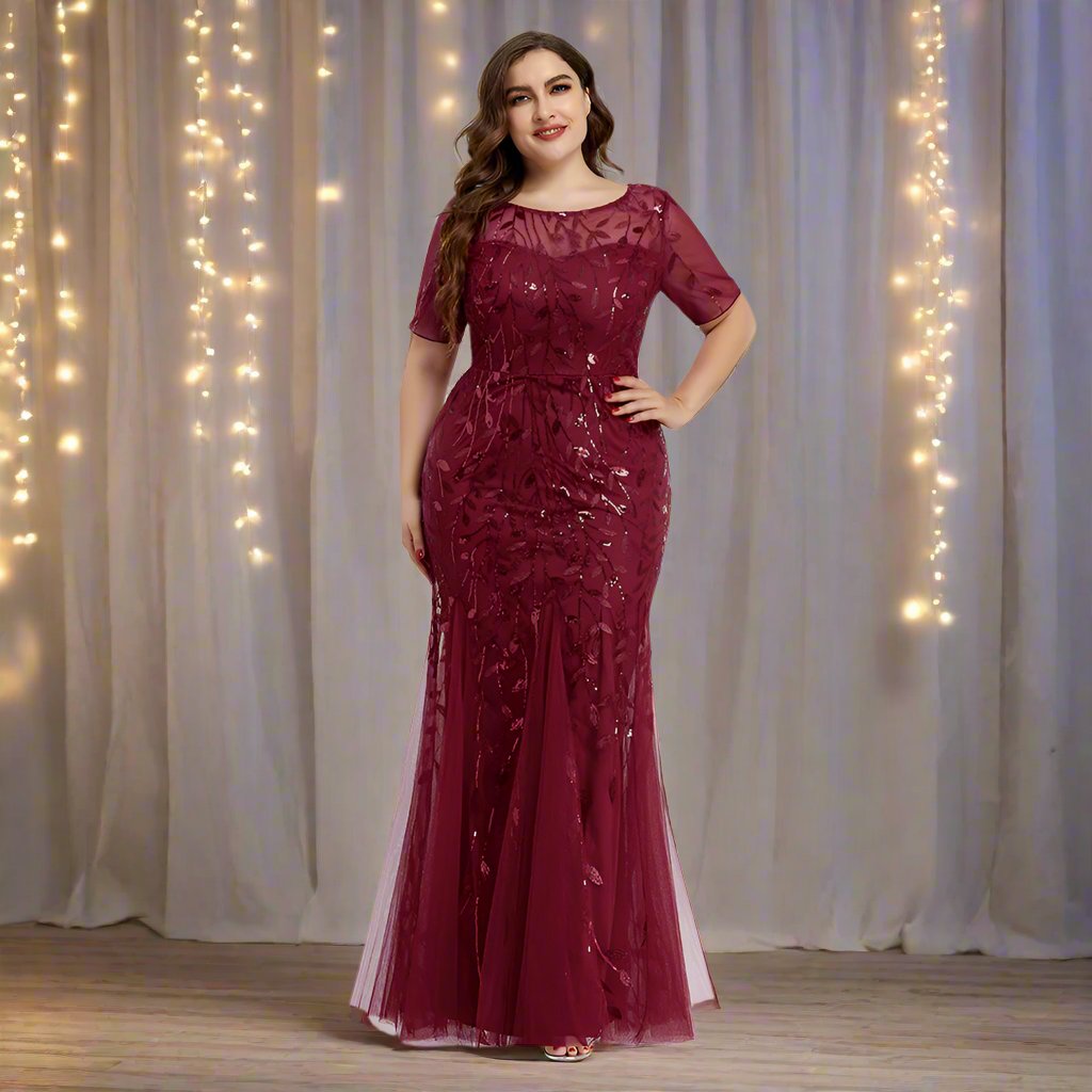 Valenzora | Women's Plus Size Evening Dress with Sequins and Mesh Embroidery in Mermaid Style