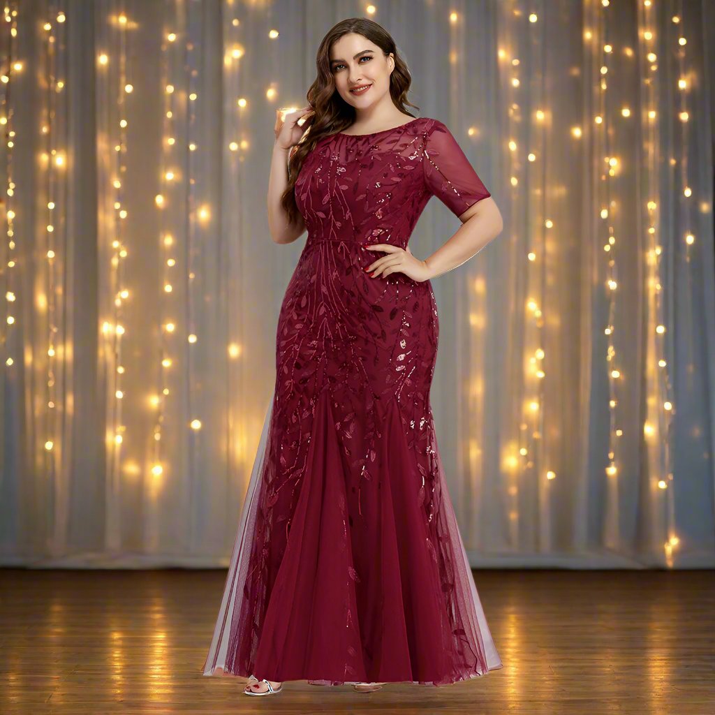 Valenzora | Women's Plus Size Evening Dress with Sequins and Mesh Embroidery in Mermaid Style
