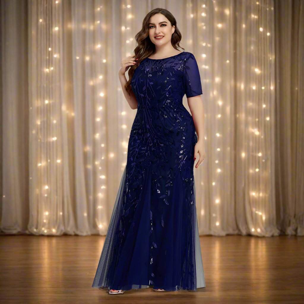 Valenzora | Women's Plus Size Evening Dress with Sequins and Mesh Embroidery in Mermaid Style