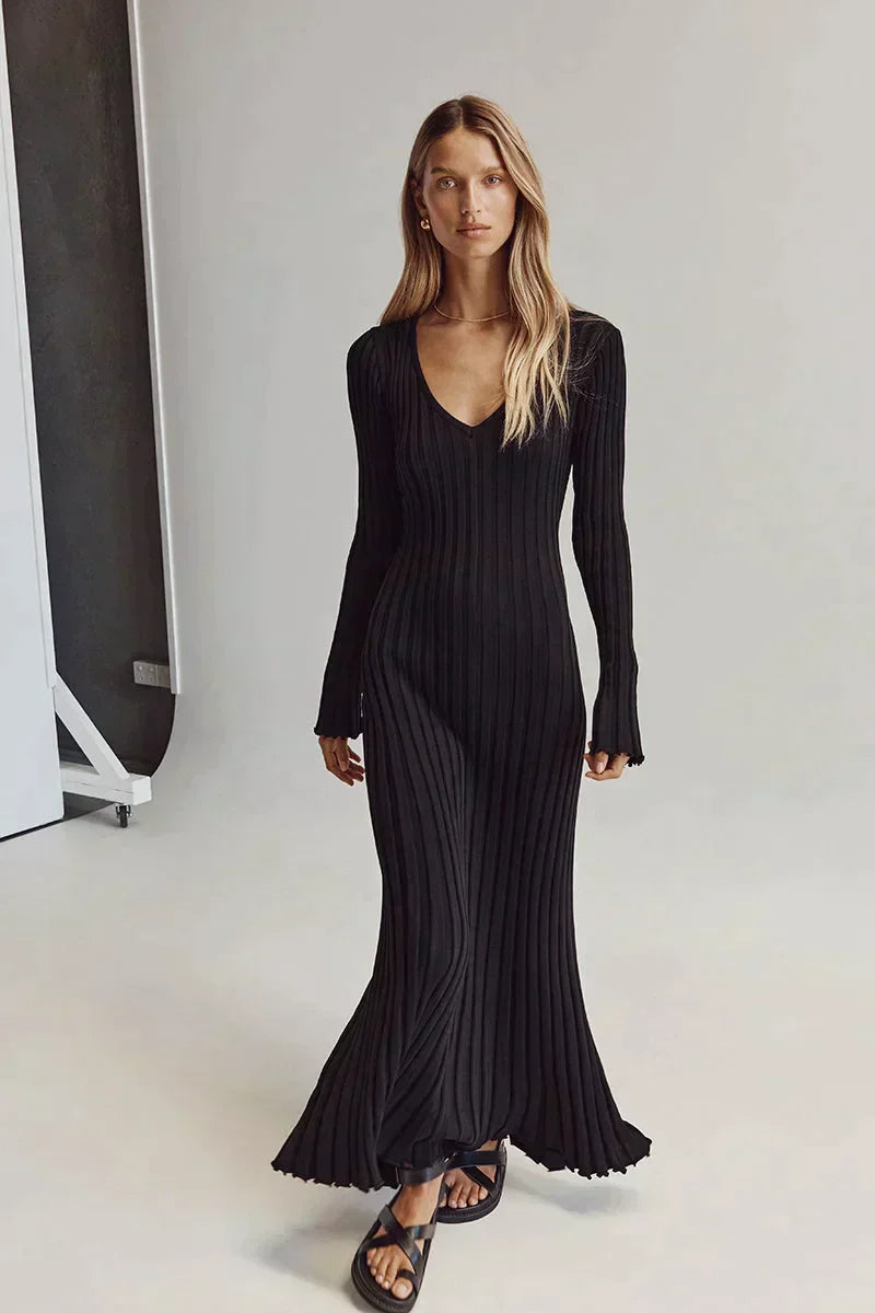 Valenzora Strickkleid | Modernes Langarm-Damenkleid mit V-Ausschnitt