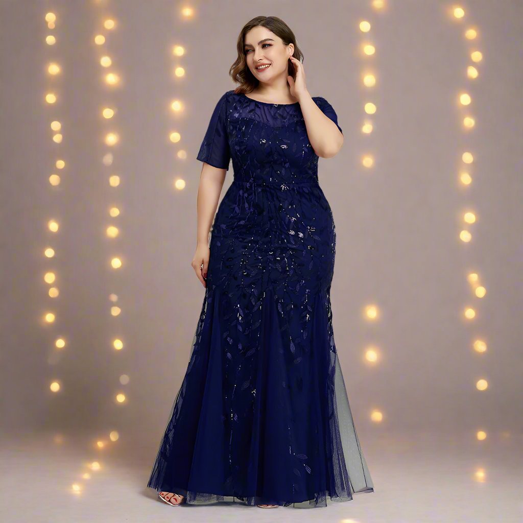 Valenzora | Women's Plus Size Evening Dress with Sequins and Mesh Embroidery in Mermaid Style