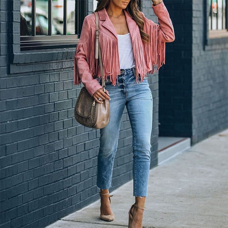 Valenzora | moka leather motorcycle jacket with cowboy fringe