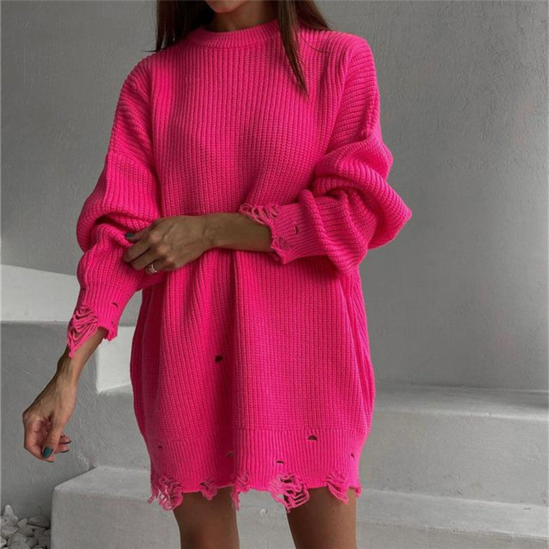 Valenzora Ripped O Neck Oversized Sweater Dress
