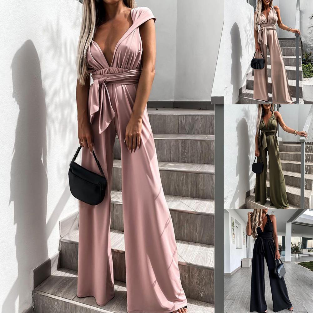 Valenzora | Eleganter ärmelloser Jumpsuit mit tiefem V-Ausschnitt, Taillenband und weitem Bein