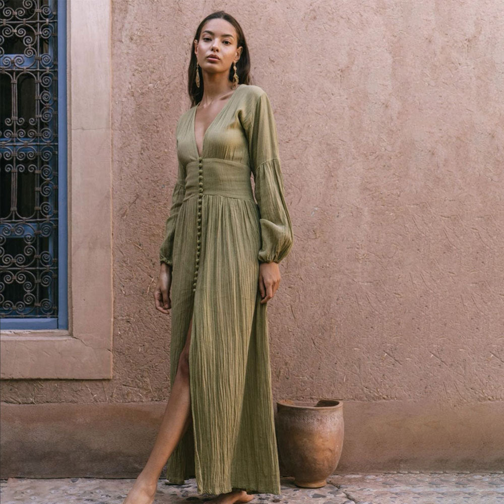 Valenzora | Lantern sleeve long split dress
