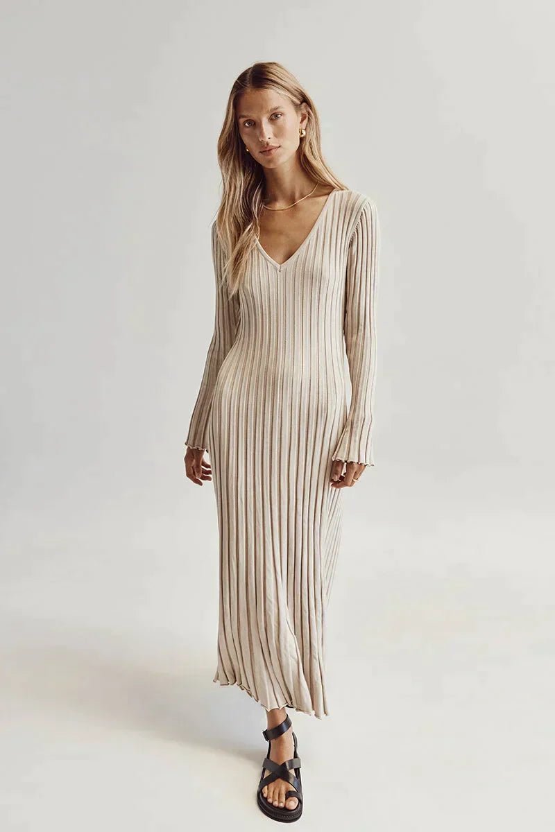 Valenzora Knit Dress | Modern Long-Sleeved Women's Dress with V-Neck