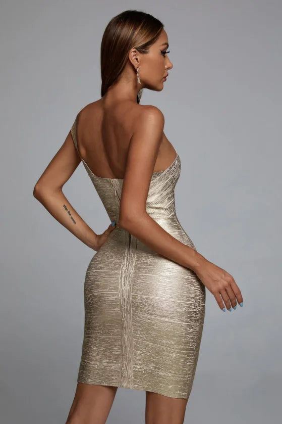 Valenzora | Celebrity One Shoulder Folie Gold Print Rayon Bandage Kleid Elegantes Club Party Kleid Vestidos