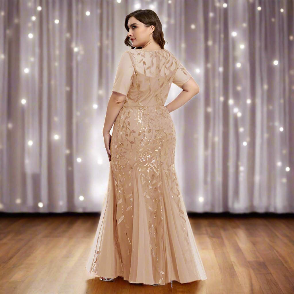 Valenzora | Women's Plus Size Evening Dress with Sequins and Mesh Embroidery in Mermaid Style