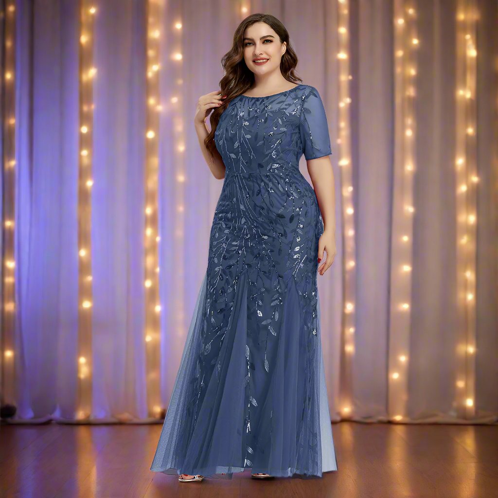 Valenzora | Women's Plus Size Evening Dress with Sequins and Mesh Embroidery in Mermaid Style