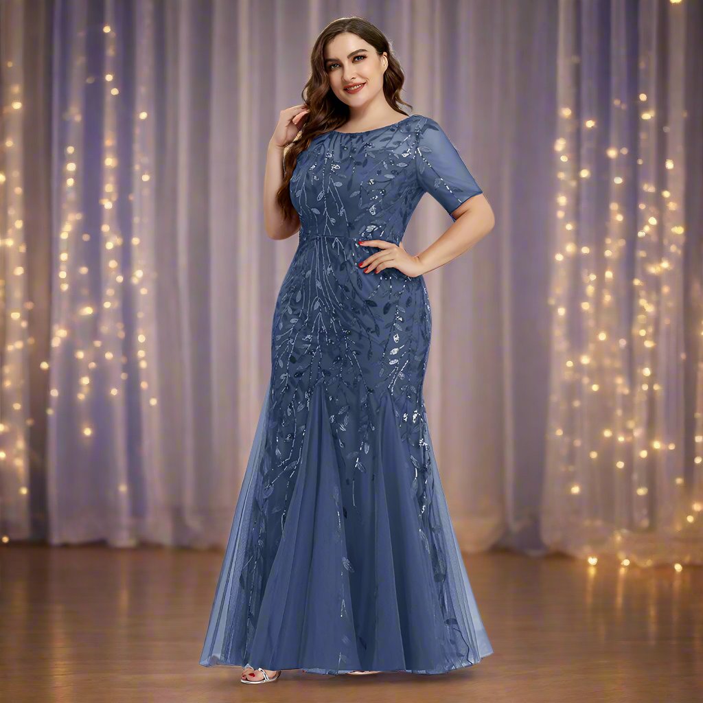 Valenzora | Women's Plus Size Evening Dress with Sequins and Mesh Embroidery in Mermaid Style