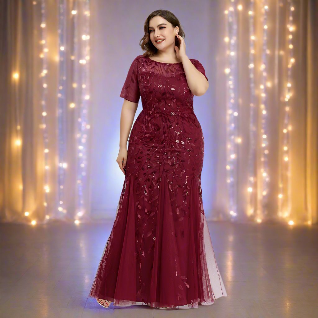 Valenzora | Women's Plus Size Evening Dress with Sequins and Mesh Embroidery in Mermaid Style