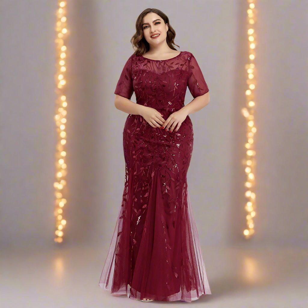 Valenzora | Women's Plus Size Evening Dress with Sequins and Mesh Embroidery in Mermaid Style