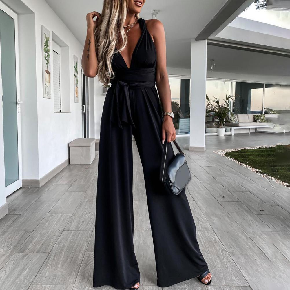 Valenzora | Eleganter ärmelloser Jumpsuit mit tiefem V-Ausschnitt, Taillenband und weitem Bein
