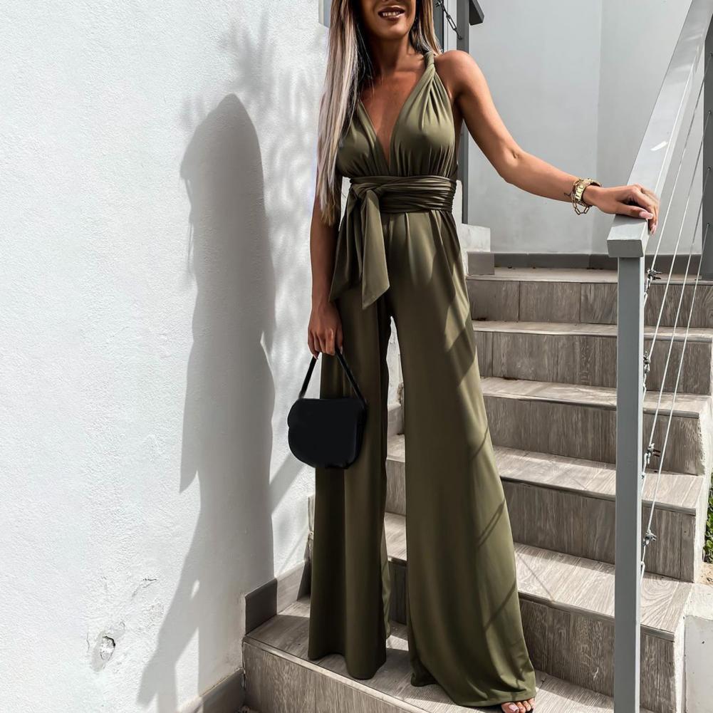 Valenzora | Eleganter ärmelloser Jumpsuit mit tiefem V-Ausschnitt, Taillenband und weitem Bein