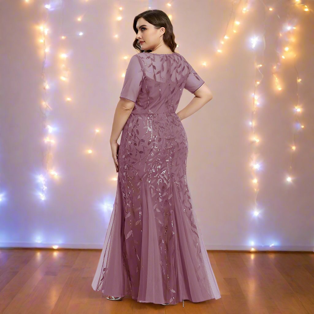 Valenzora | Women's Plus Size Evening Dress with Sequins and Mesh Embroidery in Mermaid Style