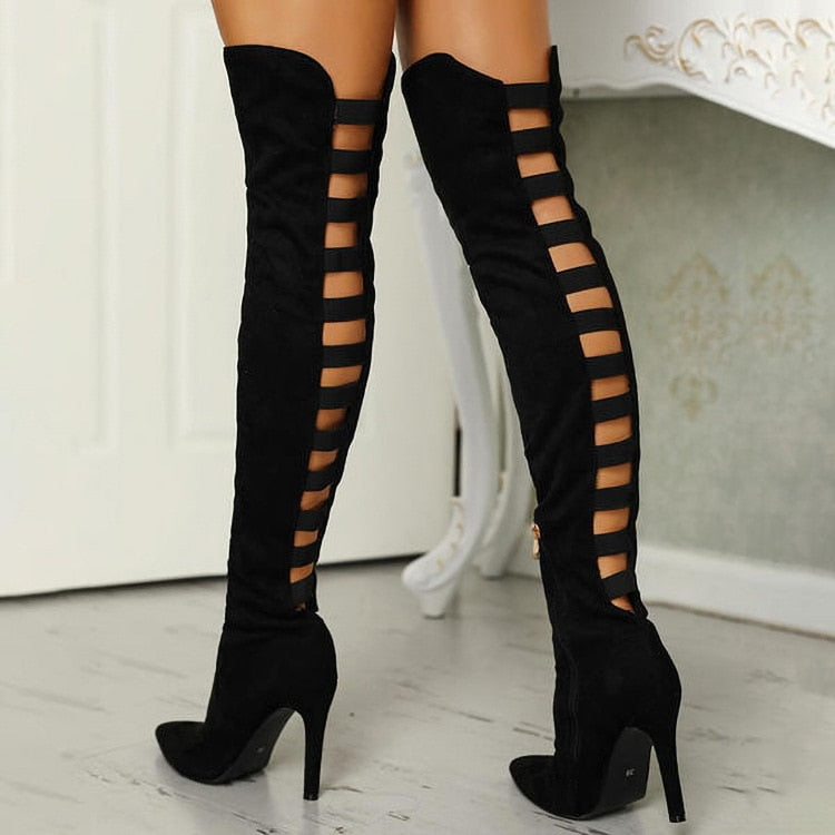 Valenzora | Stylish over-the-knee boots with cutouts and stiletto heels