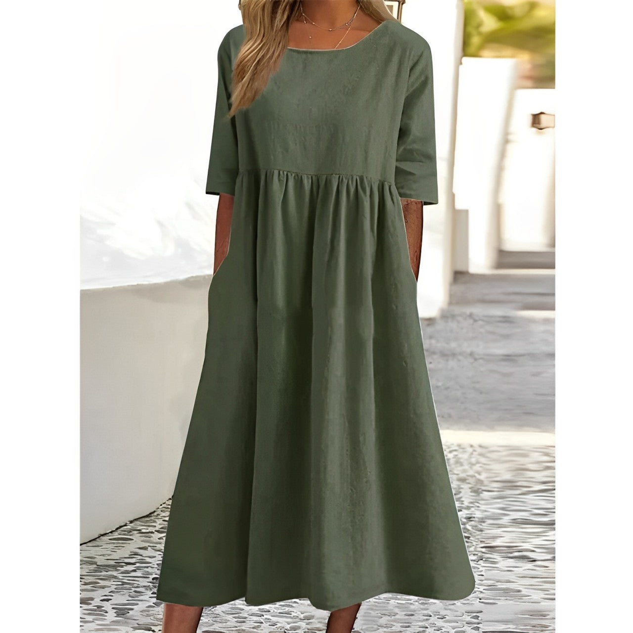 Valenzora | Breathable cotton-linen vintage midi dress with pleated design