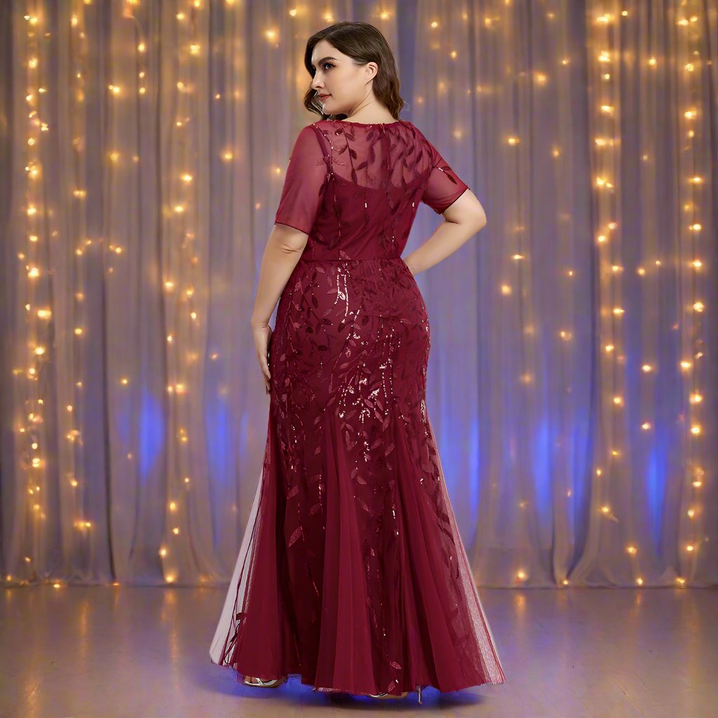 Valenzora | Women's Plus Size Evening Dress with Sequins and Mesh Embroidery in Mermaid Style