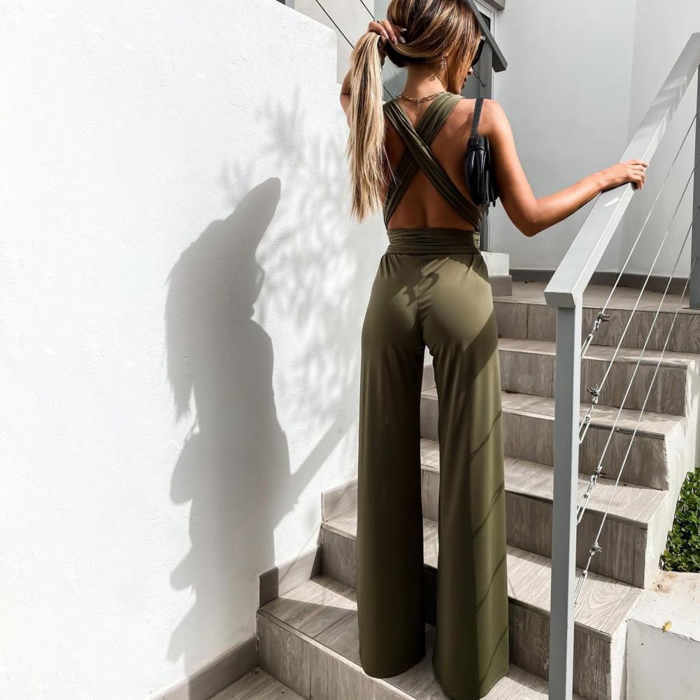 Valenzora | Eleganter ärmelloser Jumpsuit mit tiefem V-Ausschnitt, Taillenband und weitem Bein