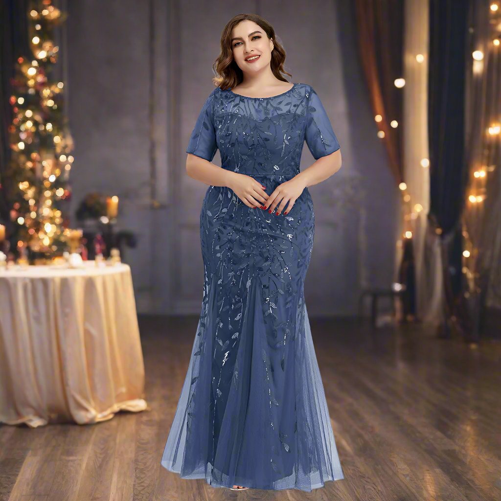 Valenzora | Women's Plus Size Evening Dress with Sequins and Mesh Embroidery in Mermaid Style