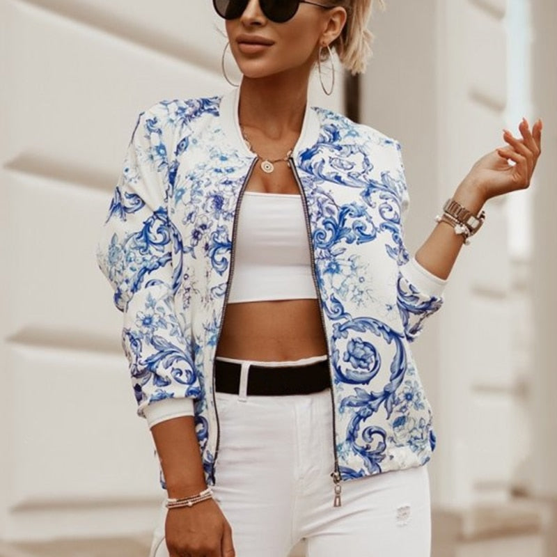 Valenzora Jazzy Floral Bomber Jacket: Elegant women's jacket with zipper and floral pattern, long sleeves, vintage style, slim fit, 4 colors