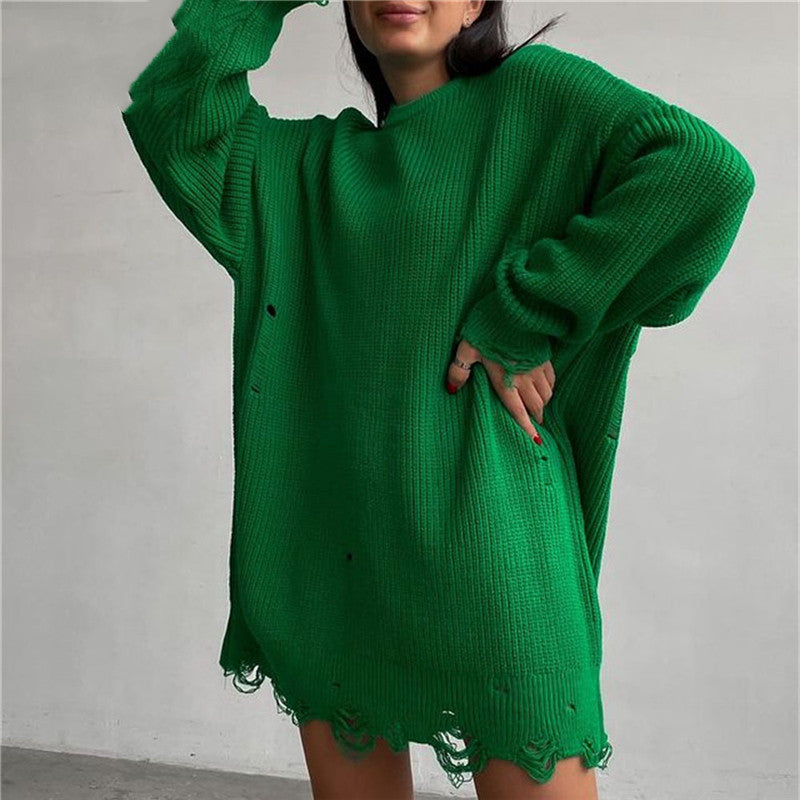 Valenzora Ripped O Neck Oversized Sweater Dress