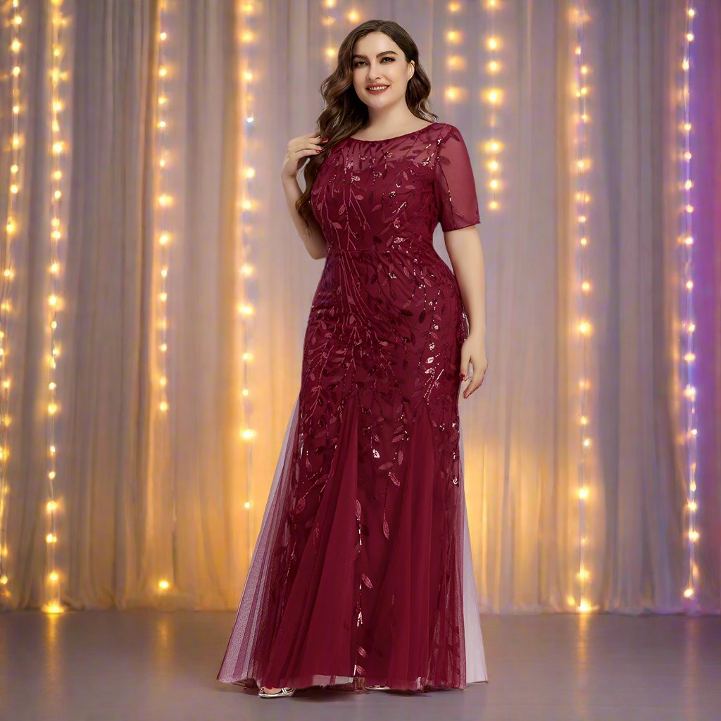 Valenzora | Women's Plus Size Evening Dress with Sequins and Mesh Embroidery in Mermaid Style