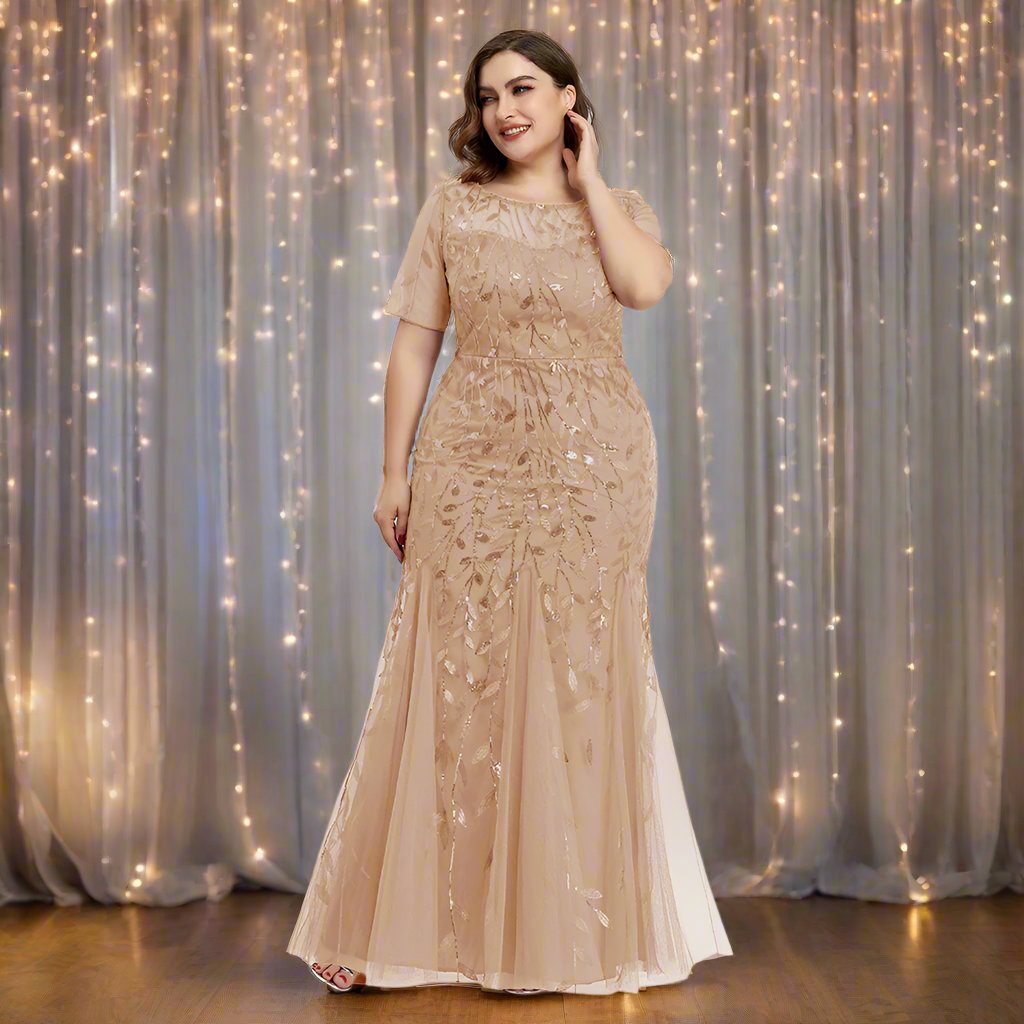 Valenzora | Women's Plus Size Evening Dress with Sequins and Mesh Embroidery in Mermaid Style