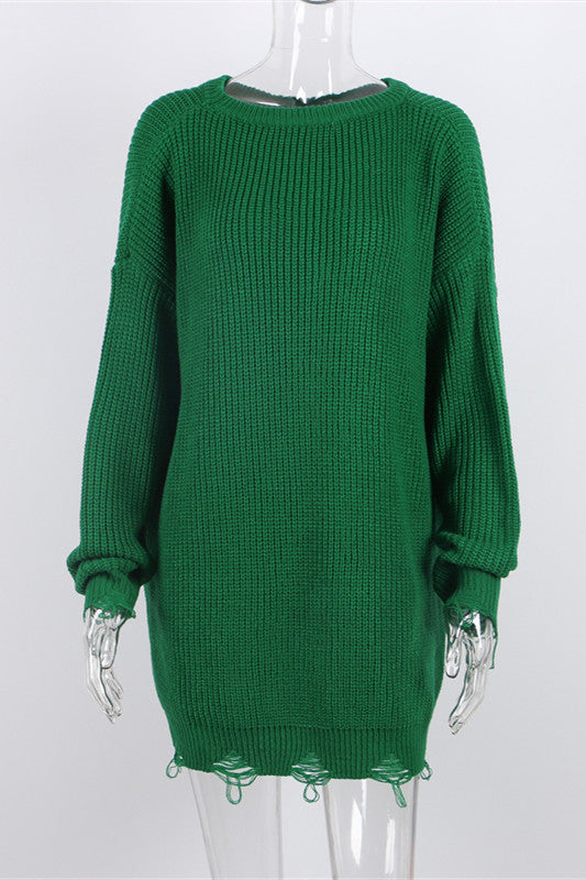 Valenzora Ripped O Neck Oversized Sweater Dress